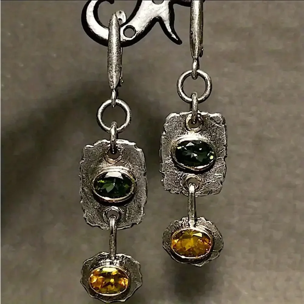 Silver Citrine Peridot Dangle Vintage Boho Earrings - Picture 3 of 5